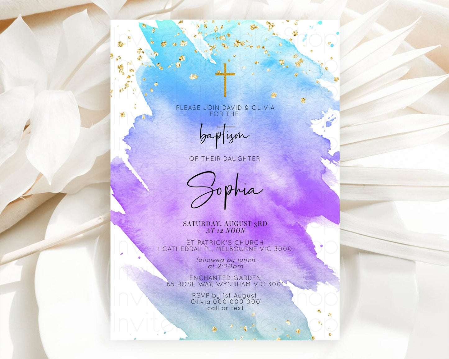 Pastel Baptism Invitation Pastel Colors Watercolor Baptism 1st Birthday Party Gold Ombre Pastel Rainbow Christening Holy Communion D10491