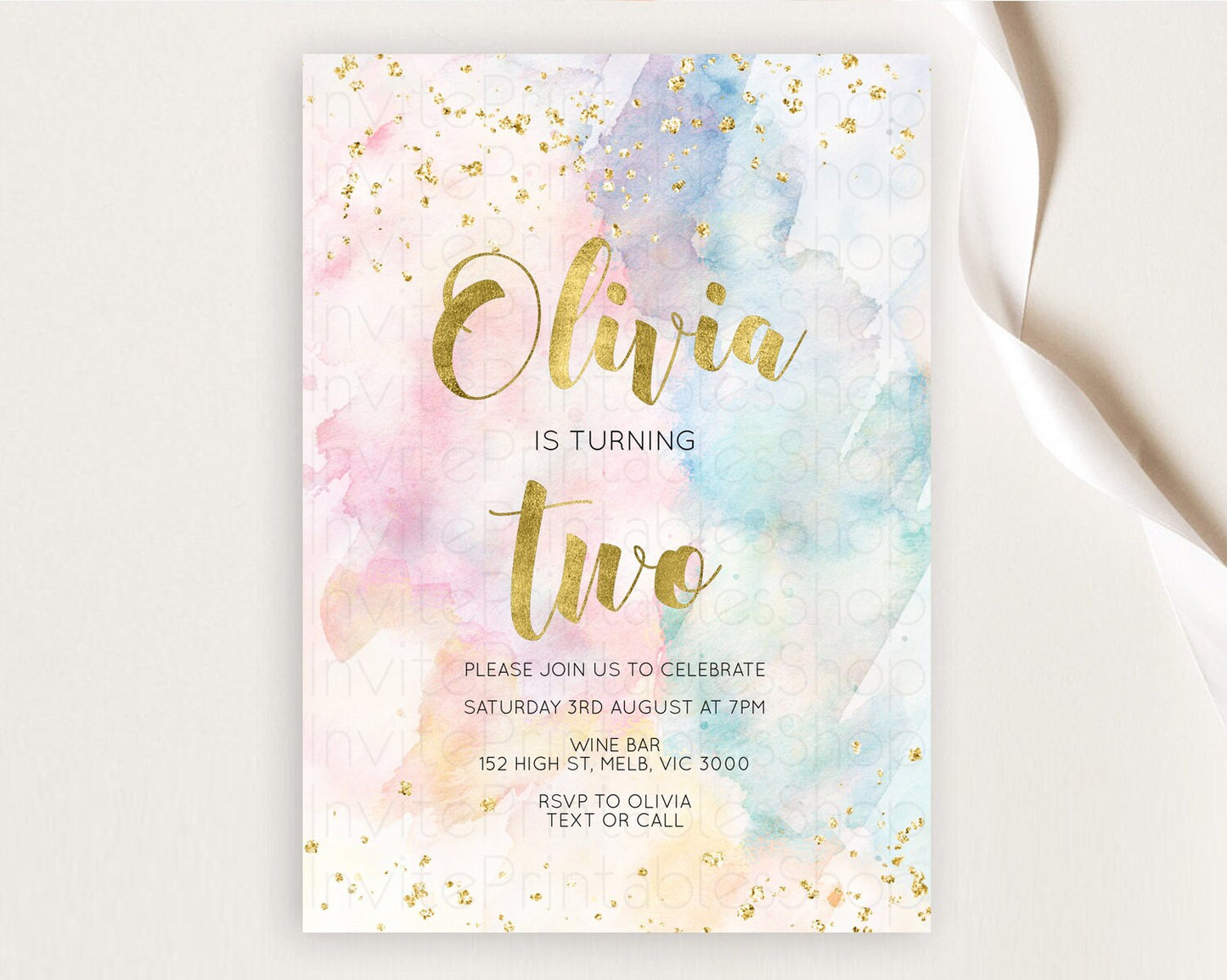 Rainbow Birthday Invitation Colorful Pastel Watercolor Invitation Gold Glitter Sprinkles Ombre Pastel 1st 2nd 3rd Birthday D10265