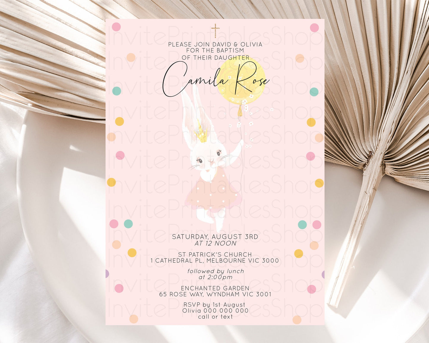 Bunny Baptism Invitation Pastel Bunny Baptism 1st Birthday Invitation Bunny Balloon Christening Invite Pastel Confetti Balloon Bunny D10219