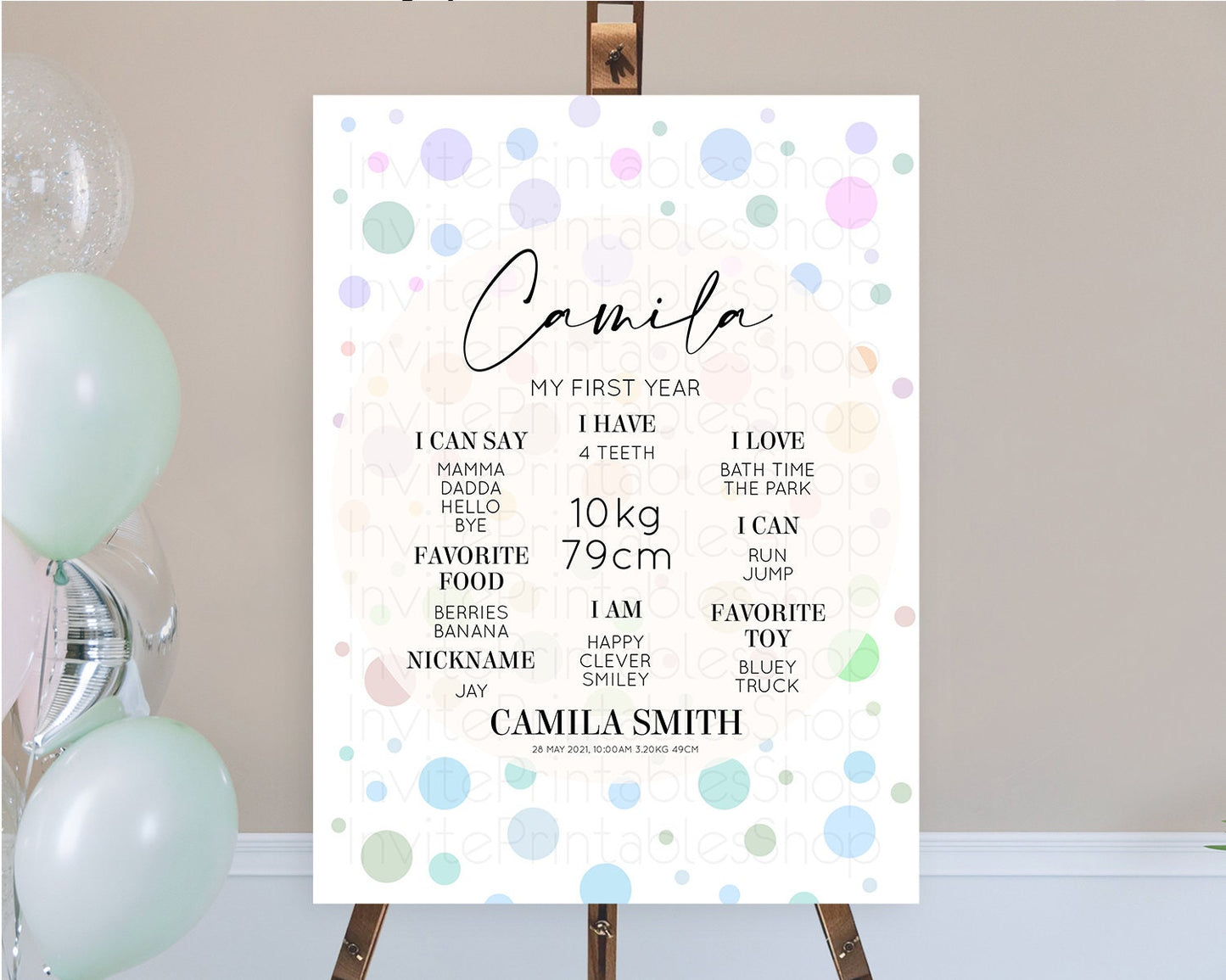Pastel First Birthday Milestone Poster Pastel Rainbow Confetti First Birthday Milestone Board Colorful Bubbles Birthday Welcome Sign D10135