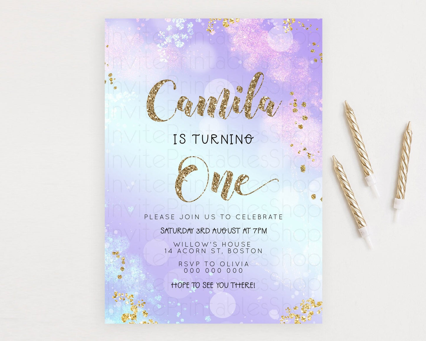 Rainbow Birthday Invitation Colorful Pastel Watercolor Invitation Gold Glitter Sprinkles Ombre Pastel 1st 2nd 3rd Birthday D23118