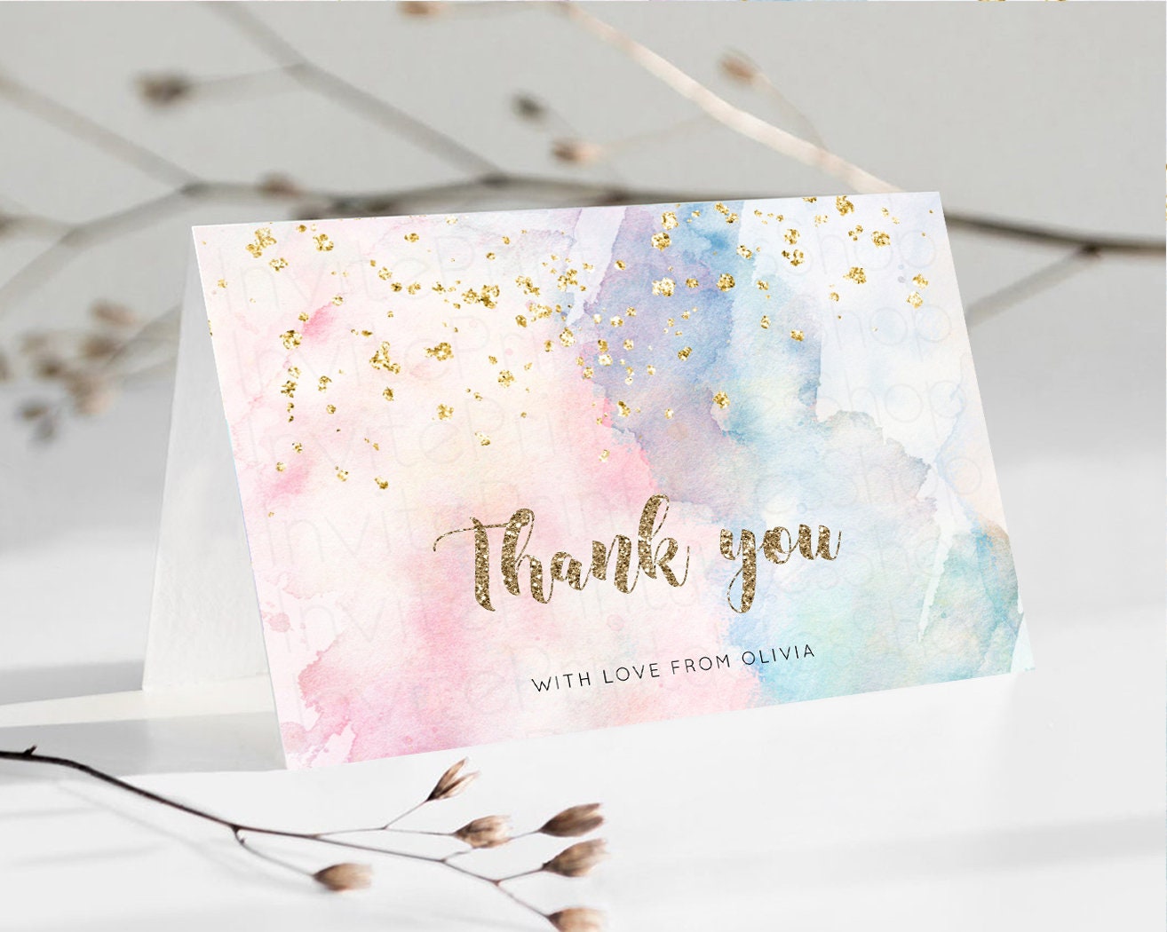 Pastel Rainbow Thank you Colorful Watercolor Gift Cards Splash Gold Glitter Card Birthday Engaged Baby Shower Wedding Folded/ Postcard 276