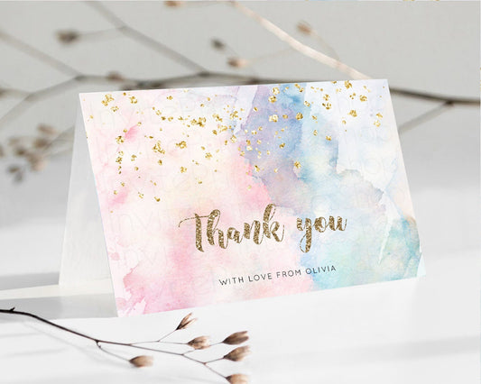 Pastel Rainbow Thank you Colorful Watercolor Gift Cards Splash Gold Glitter Card Birthday Engaged Baby Shower Wedding Folded/ Postcard 276