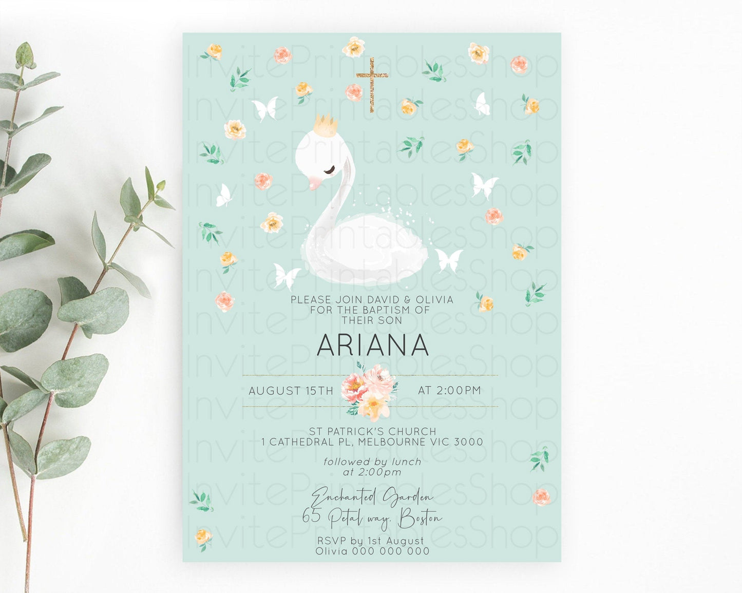 Swan Lake Baptism Invitation Swan Princess Ballet Baptism 1st Birthday Enchanted Forest Secret Garden Watercolour Pastel Floral D10905