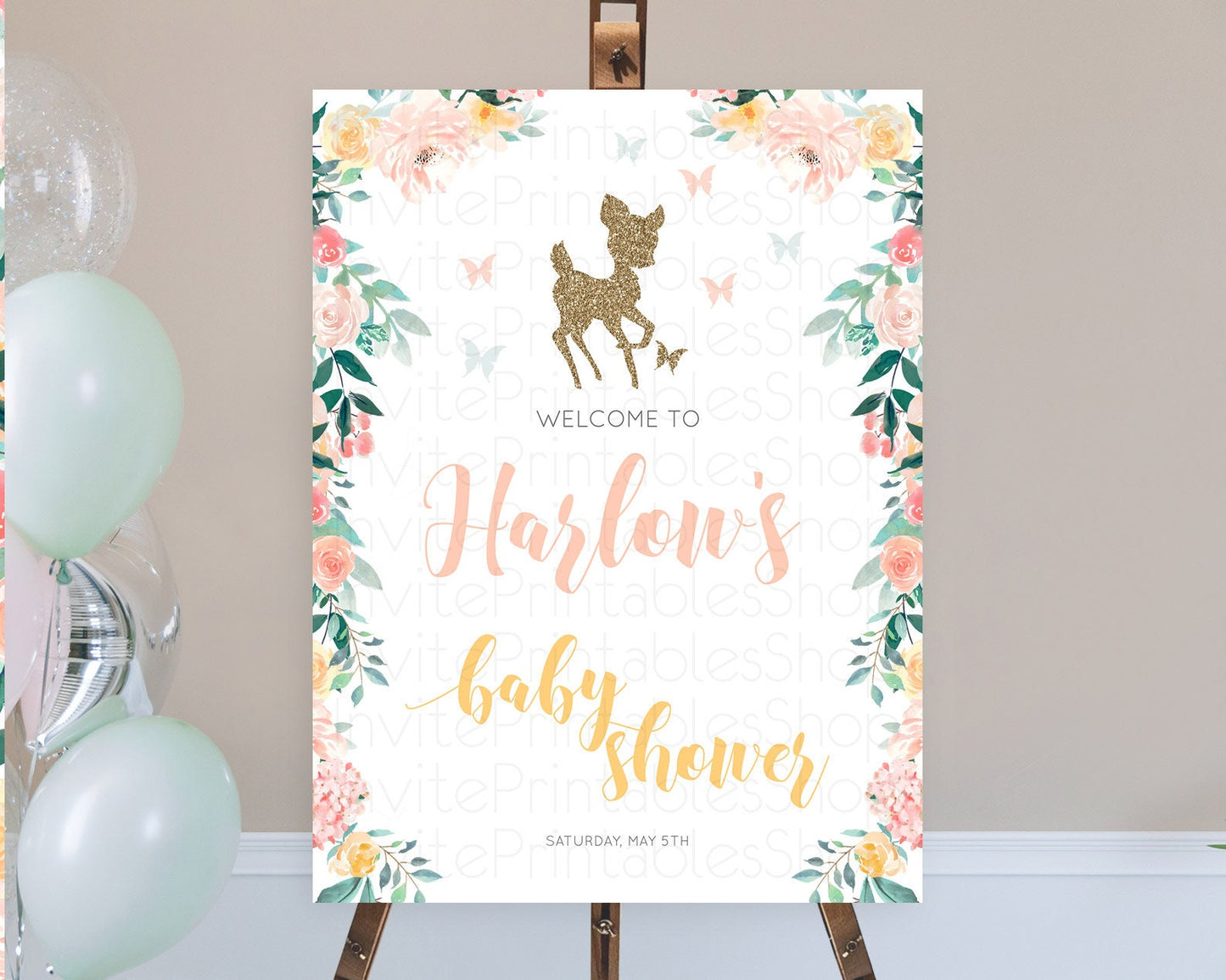 Fawn Baby Shower Welcome Sign Deer Welcome Board Floral Deer Welcome Poster Enchanted Forest Butterfly Pastel Floral Welcome Sign D10874