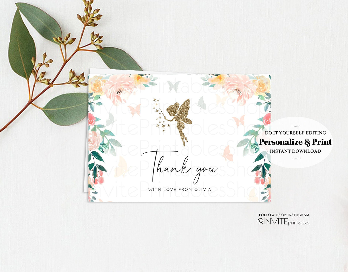 Fairy Thank You Card Gold Glitter Floral Bell Garden Tinker Custom Message Kids Birthday Baby Shower Gift Flat Postcard Printable 219