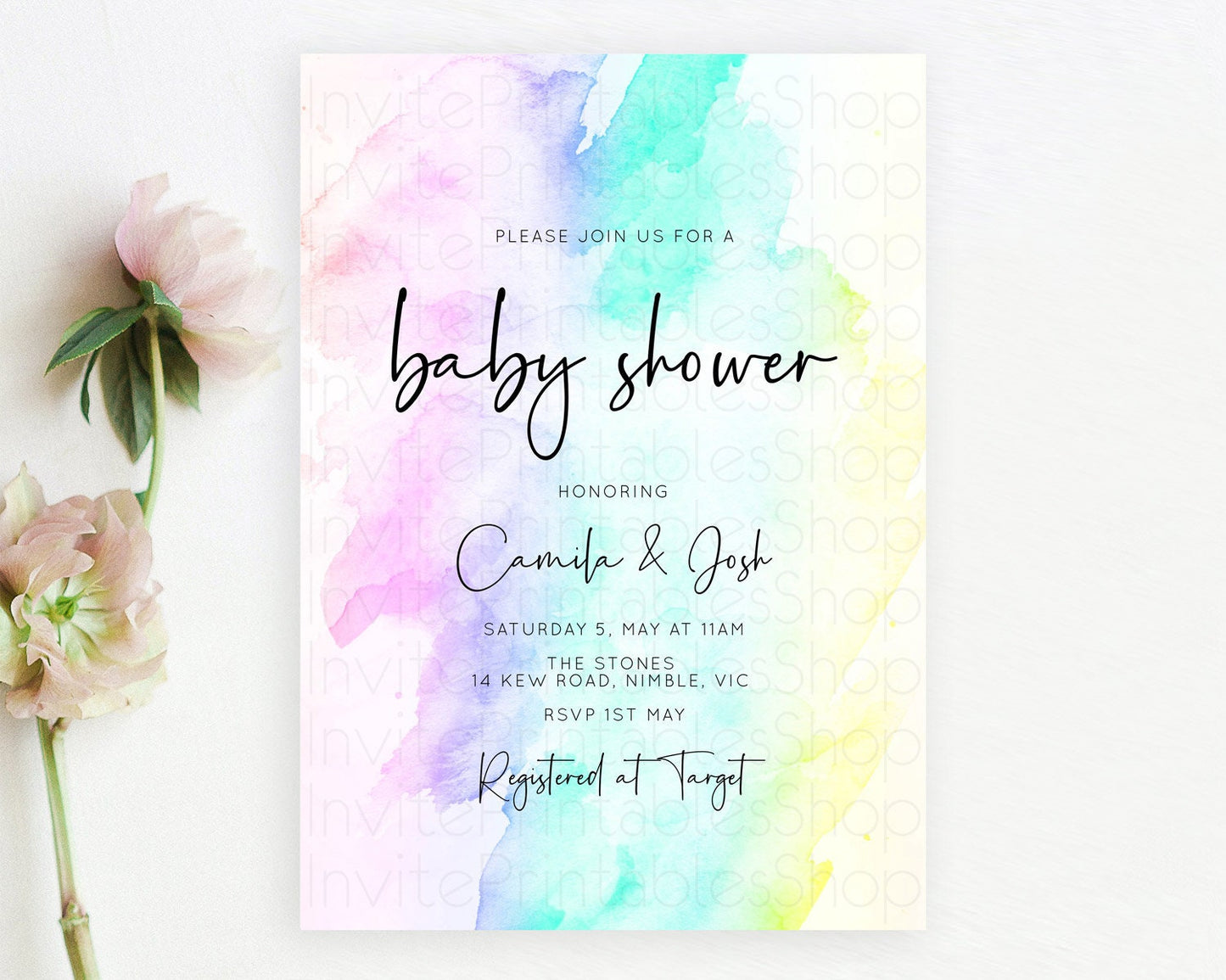 Pastel Baby Shower Invitation Rainbow Baby Shower Invitation Colorful Pastel Watercolor Invitation Gold Glitter Sprinkles Ombre D10231