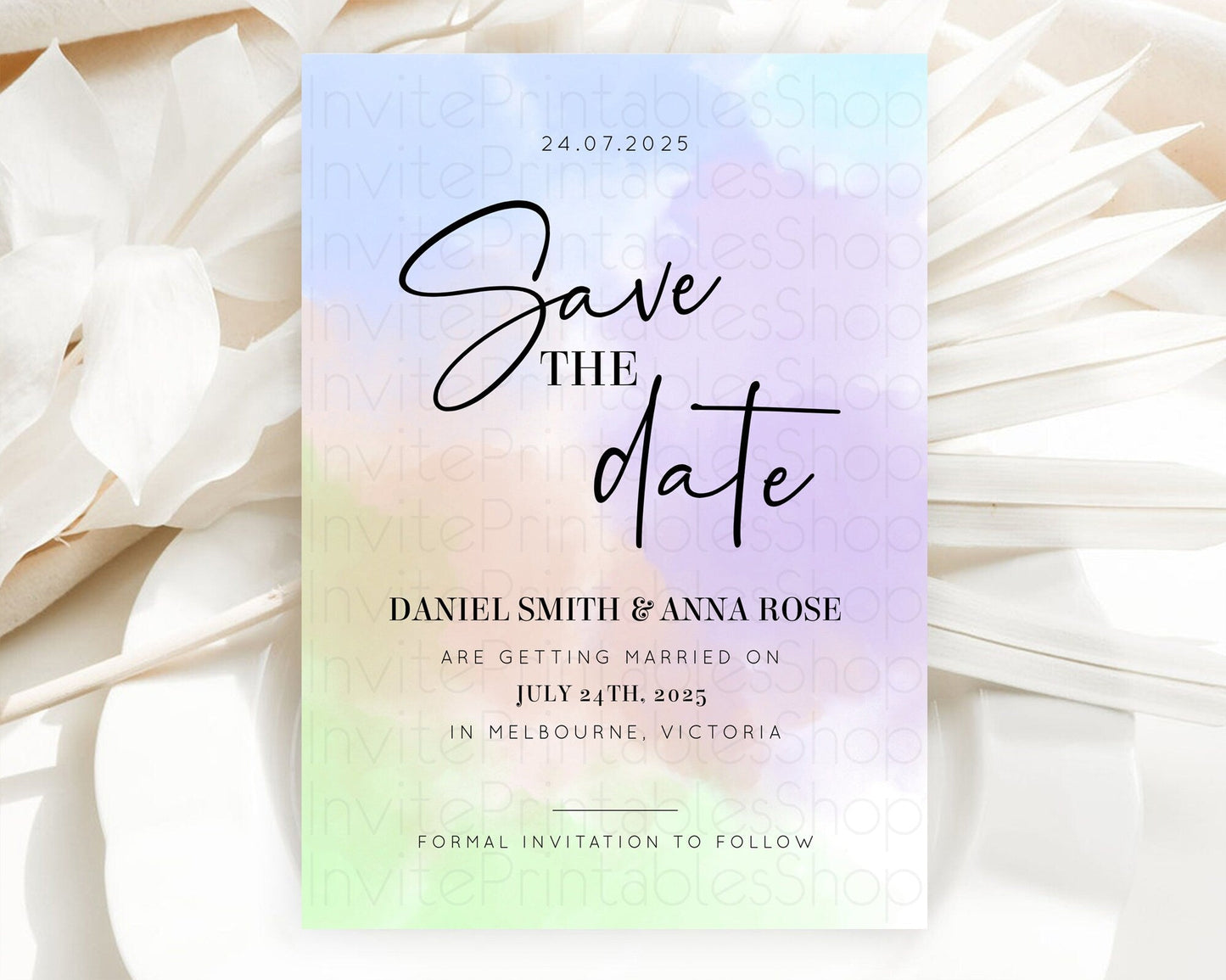 Pastel Save The Date Template Pastel Ombre Rainbow Watercolor Colorful Party For Birthday Baptism Baby Shower Wedding Bridal Shower D10371