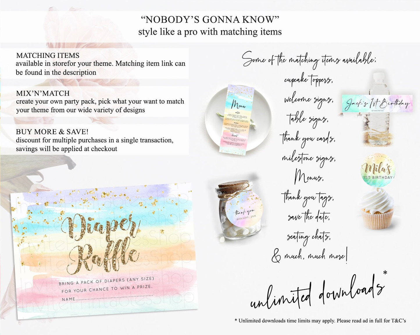 Pastel Diaper Raffle Card Pastel Rainbow Diaper Raffle Insert Colorful Ombre Watercolor Diaper Ticket Confetti Glitter Raffle Game D10508