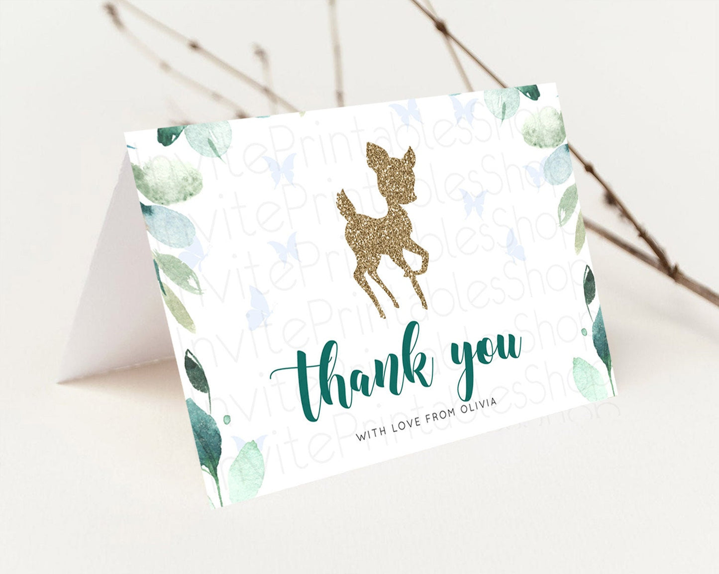 Fawn Thank You Deer Thank You Card Pastel Floral Deer Birthday Thank You Card Enchanted Forest Butterfly Deer Teacher Thank You Card D10882