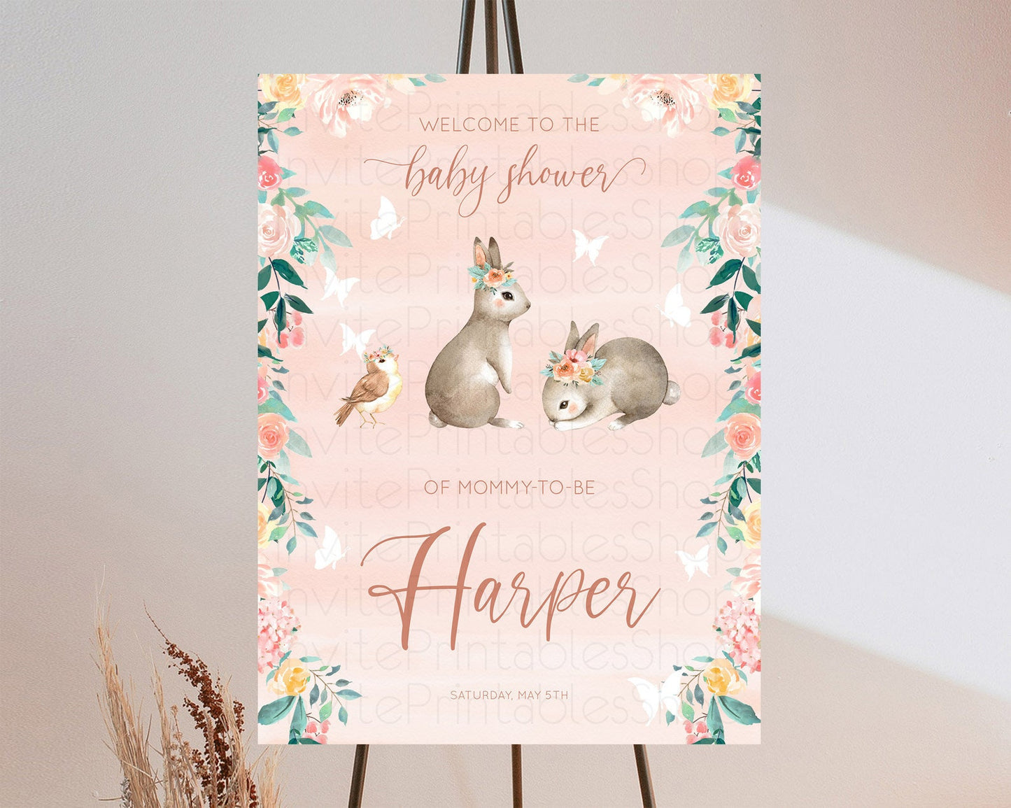 Bunny Baby Shower Welcome Sign Floral Bunny Welcome Board Pastel Flowers Woodland Bunny Welcome Poster Forest Bunny Welcome Sign D10922