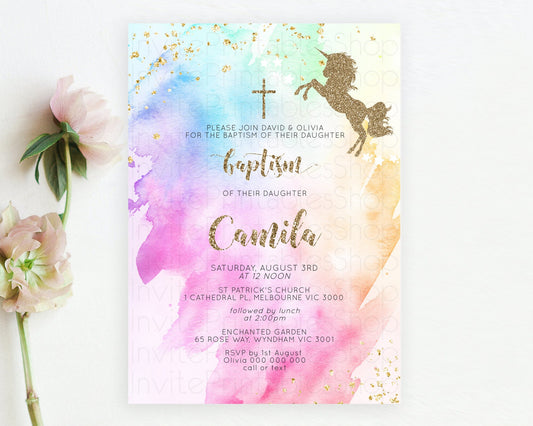 Editable Unicorn Rainbow Baptism Invitation Pastel Baptism Birthday Invitati