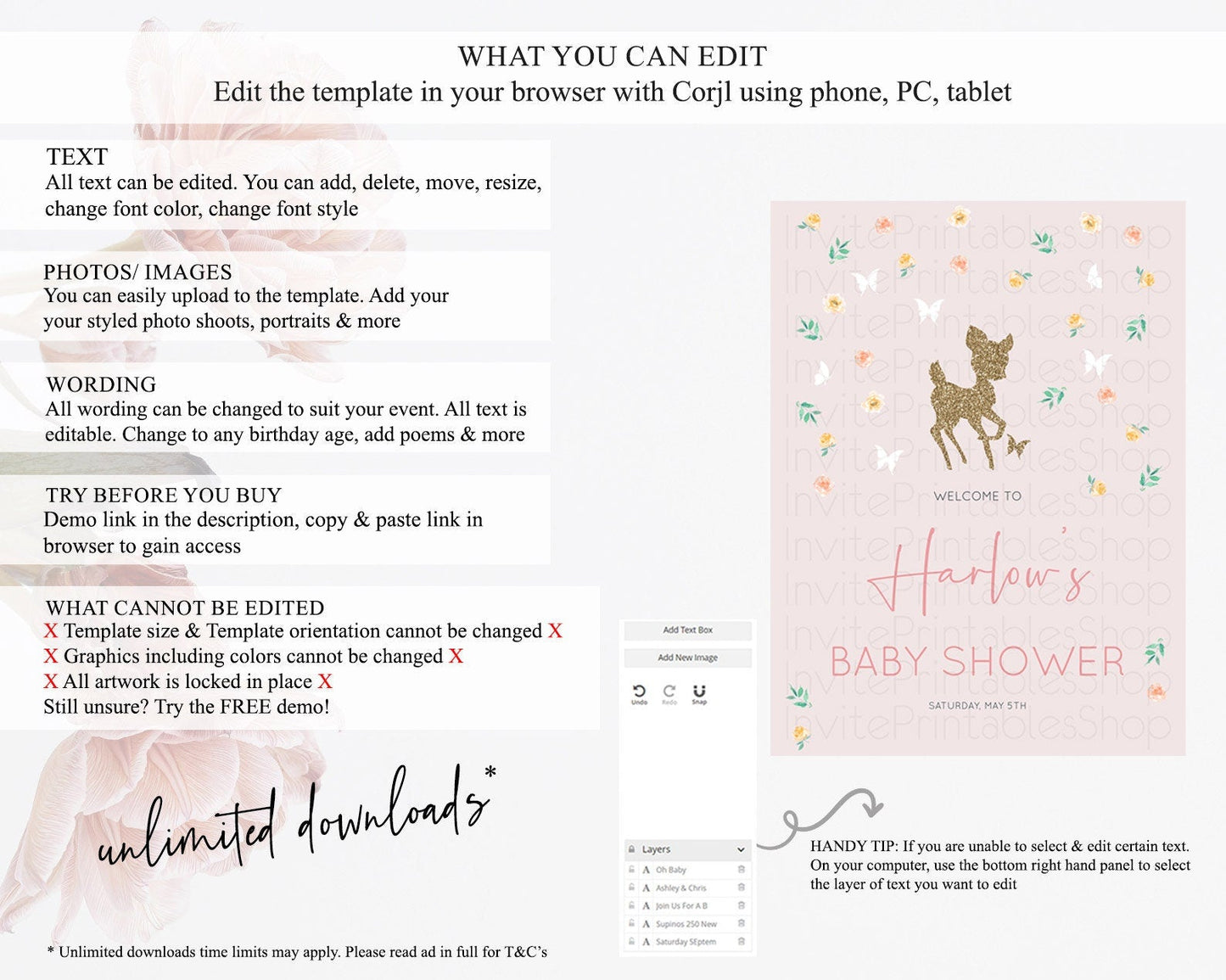 Fawn Baby Shower Welcome Sign Deer Welcome Board Floral Deer Welcome Poster Enchanted Forest Butterfly Pastel Floral Welcome Sign D10386