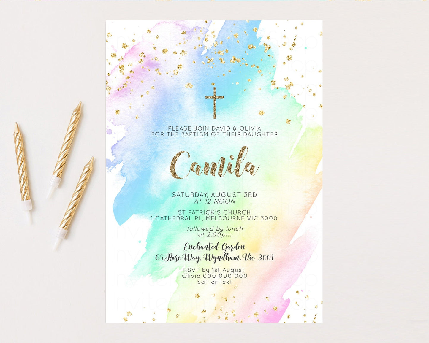 Rainbow Baptism Invitation Pastel Christening Invitation Holy Communion Invitation Glitter Watercolor Splash Invitation Colorful Invite g601