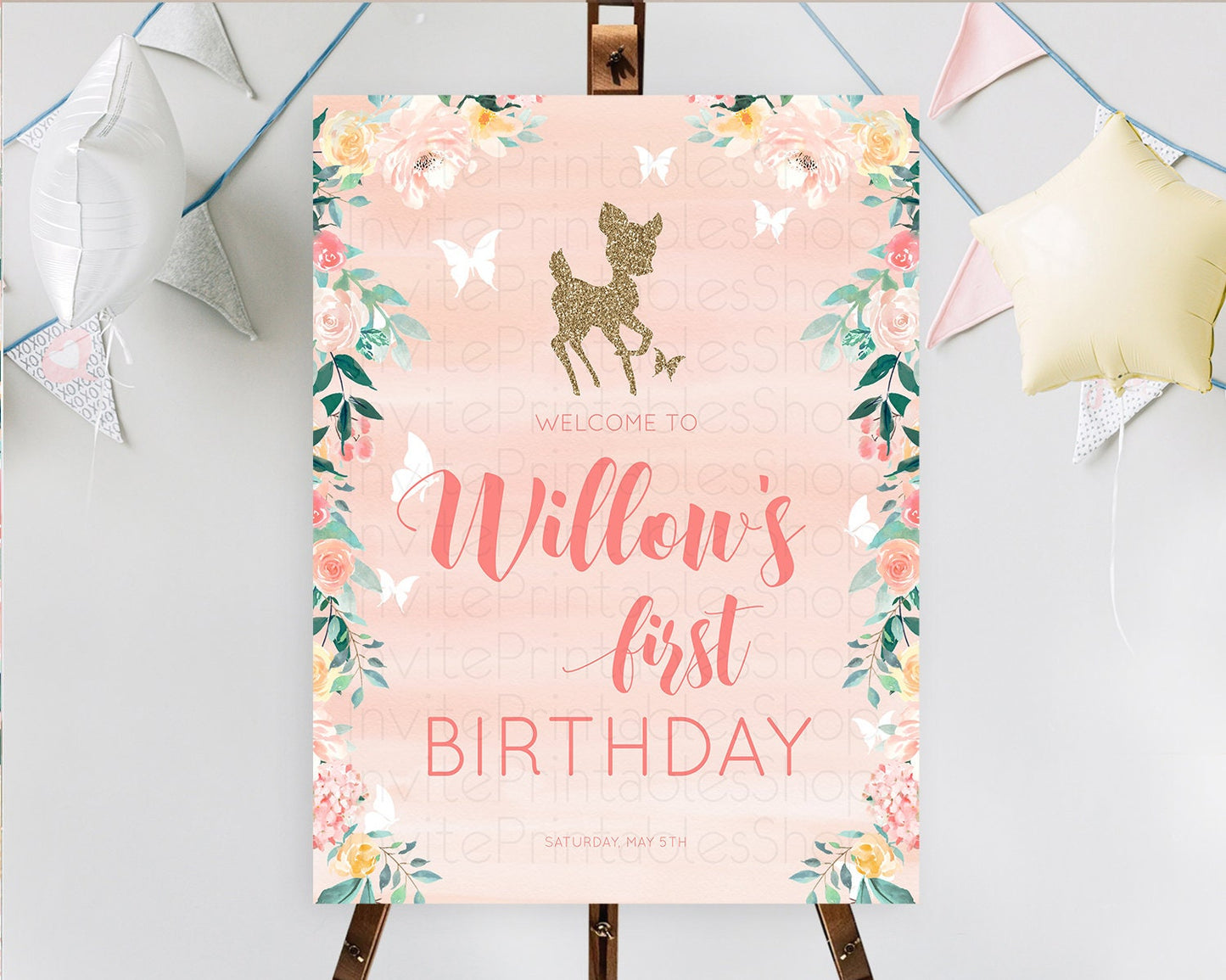 Fawn Welcome Sign Deer Welcome Board Floral Deer Welcome Poster Enchanted Forest Butterfly Pastel Floral First Birthday Welcome Sign D10873