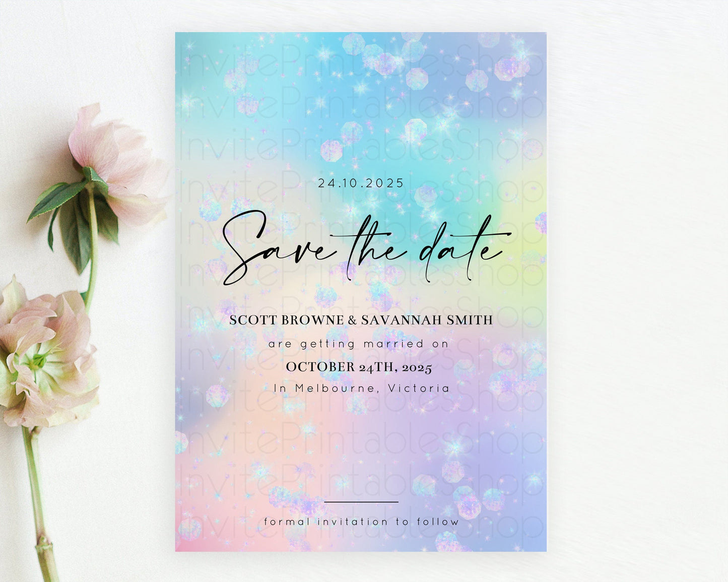 Colorful Save The Date Template Pastel Rainbow Watercolor Iridescent Ombre Party For 1st Birthday Baptism Baby Shower Bridal Shower D10665