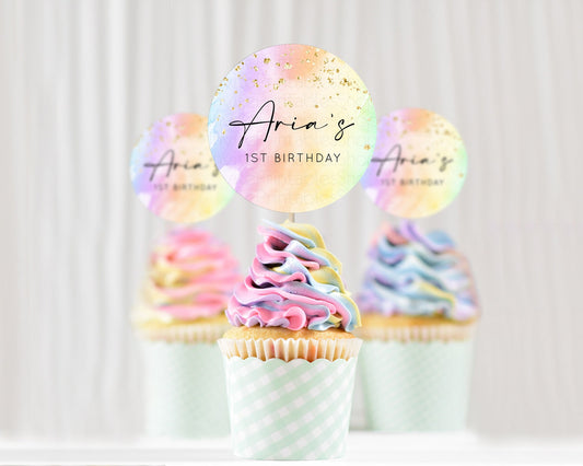 Editable Rainbow Cupcake Toppers Pastel Cupcake Toppers Colorful Pastel Wate