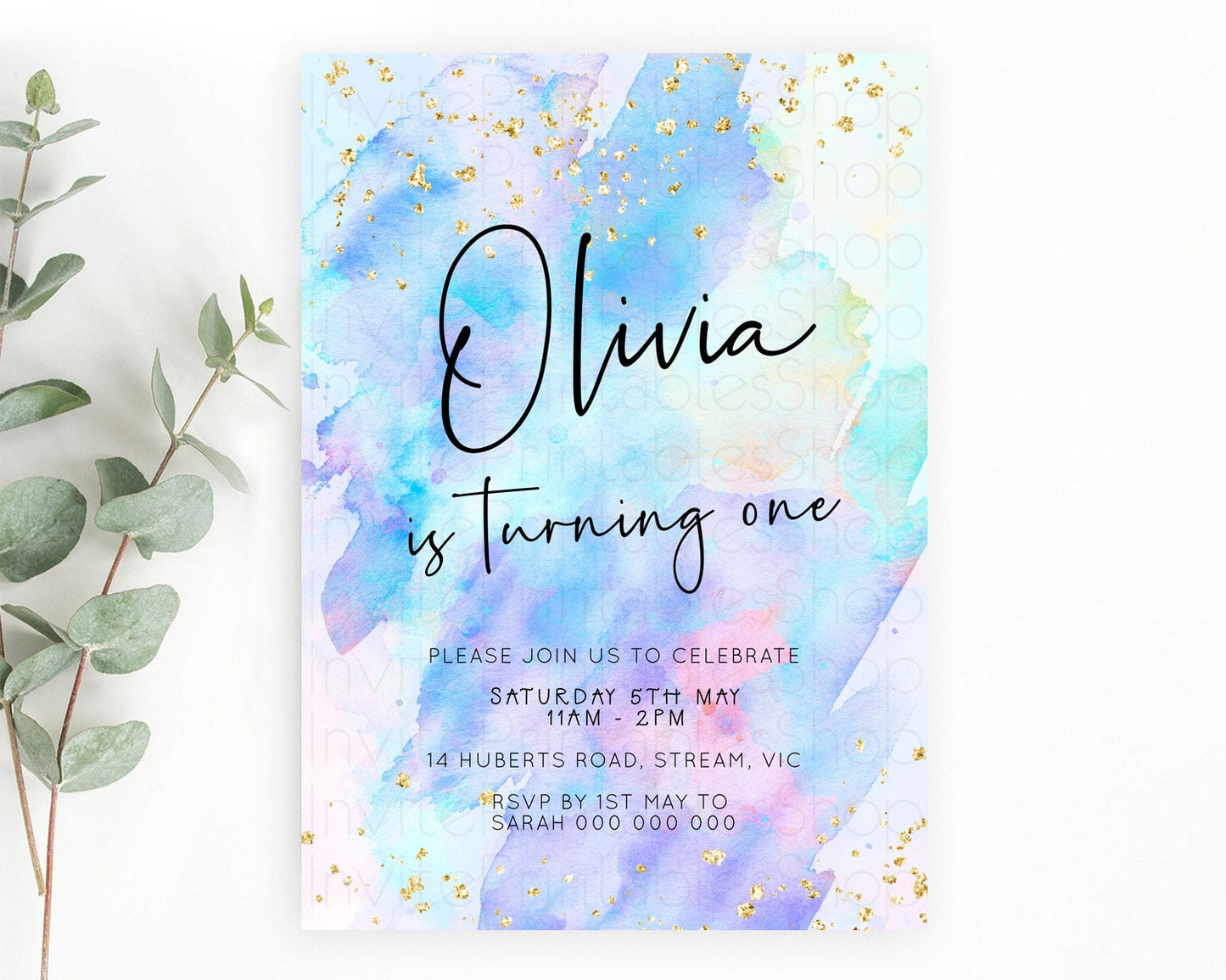 Pastel Birthday Invitation Ombre Watercolor Birthday Invitation Glitter Rainbow Color Splash 1st 2nd 3rd Birthday Invitation D23061