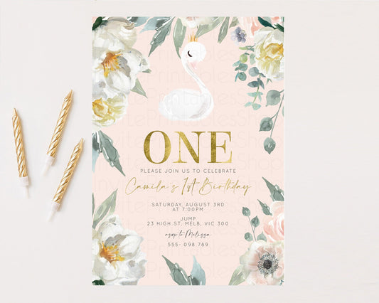Editable Swan Birthday Invitation White Floral Birthday Invitation Swan Prin
