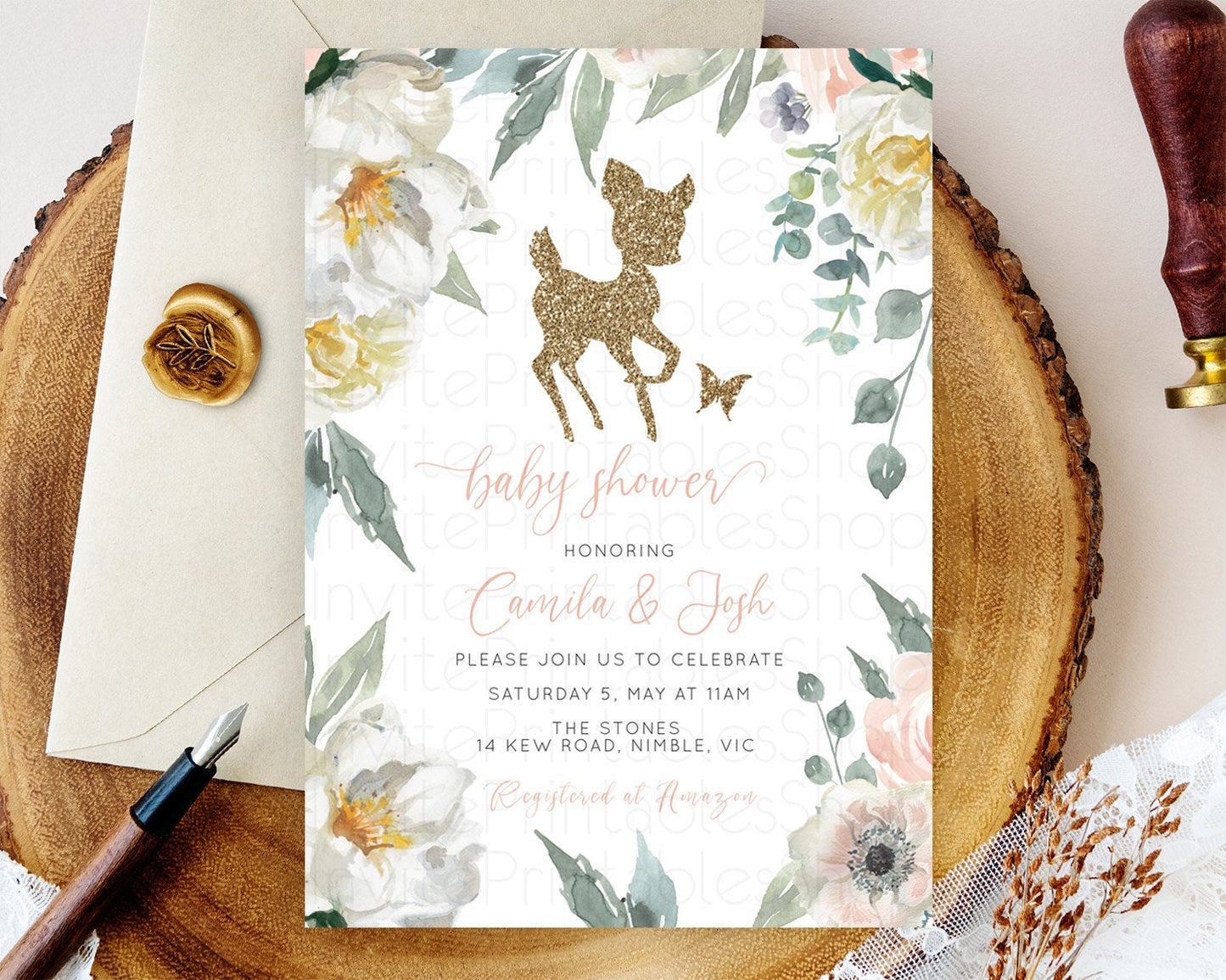 Fawn Baby Shower Invitation Deer Baby Shower Invites Enchanted Forest Theme Butterfly Pastel Flowers Whimsical Baby Shower D10120