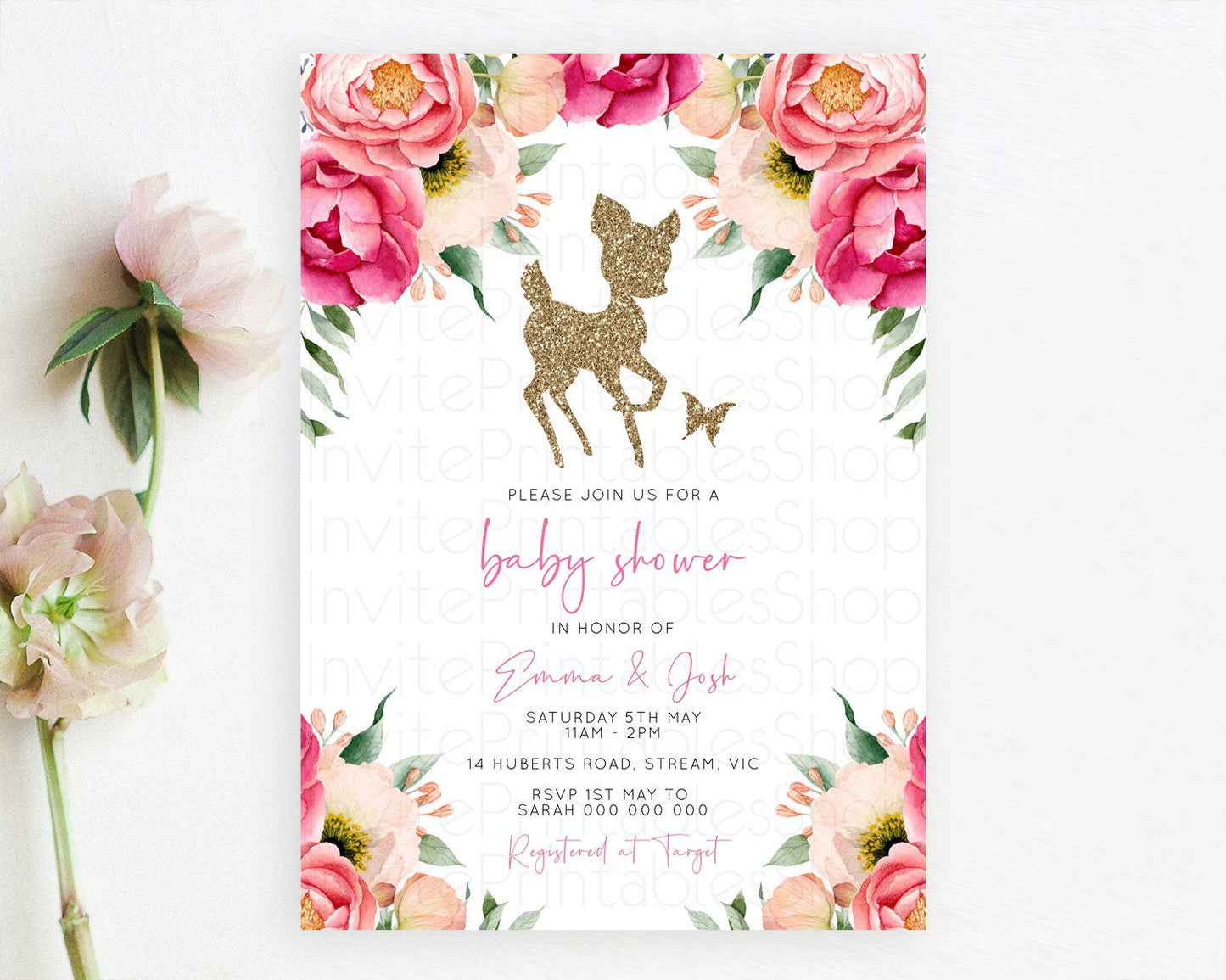 Fawn Baby Shower Invitation Deer Baby Shower Invites Enchanted Forest Theme Butterfly Pastel Flowers Whimsical Baby Shower D10326