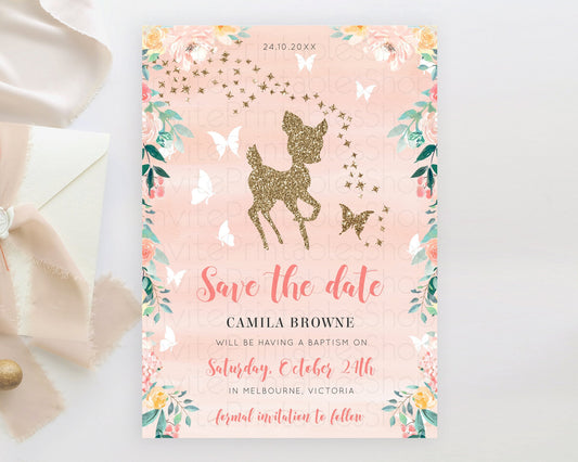 Fawn Deer Save The Date Template Pastel Floral Deer Enchanted Forest Butterfly Party 1st Birthday Baptism Baby Shower Bridal Shower D10873