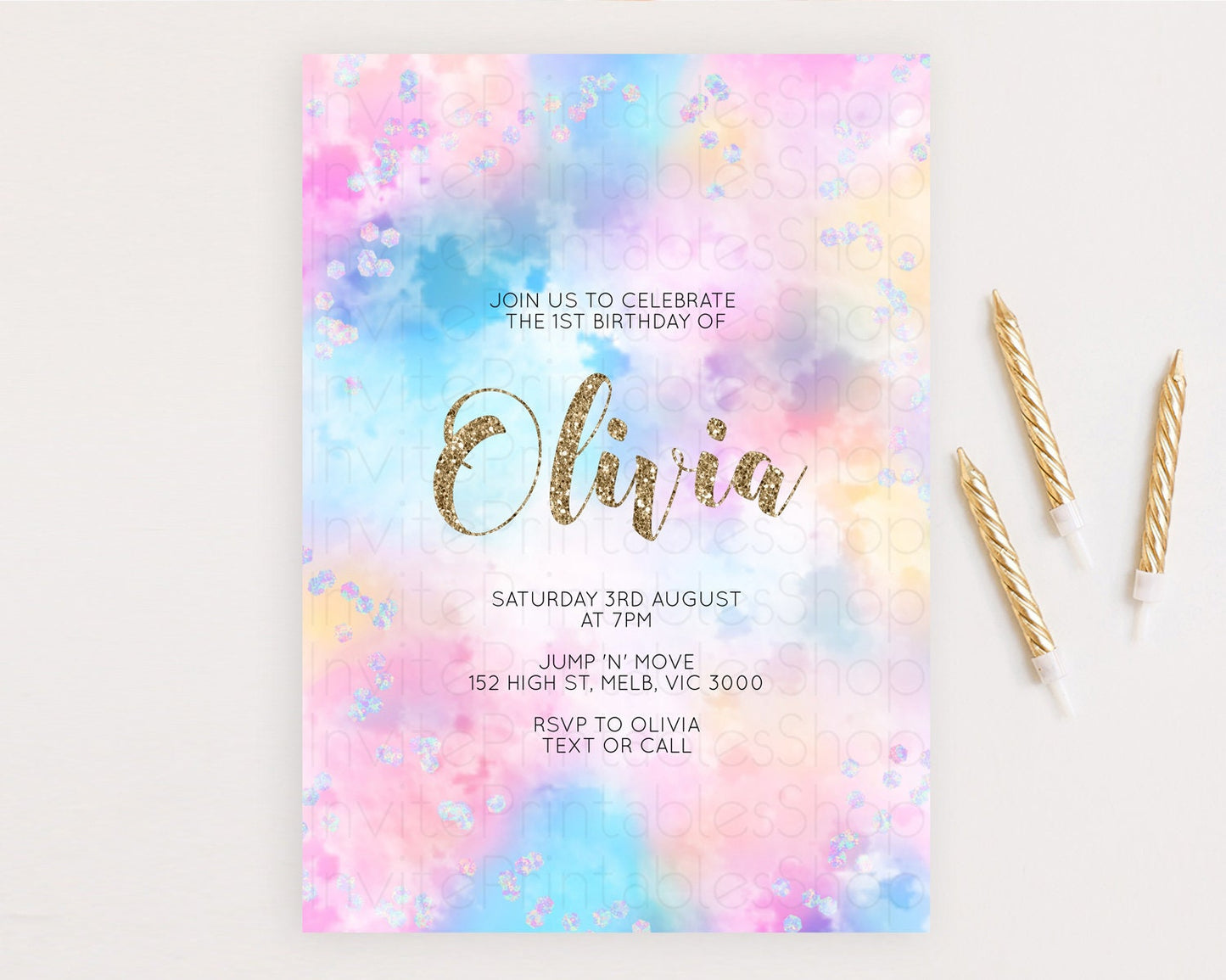 Rainbow Birthday Invitation Colorful Pastel Watercolor Invitation Gold Glitter Sprinkles Ombre Pastel 1st 2nd 3rd Birthday D10608