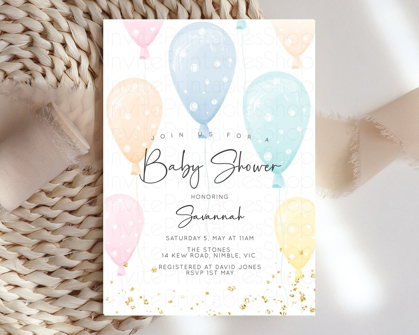 Balloon Baby Shower Invitation Rainbow Pastel Colorful Glitter Sprinkles Confetti Gender Neutral Pink Blue Green Yellow Editable Invite 154