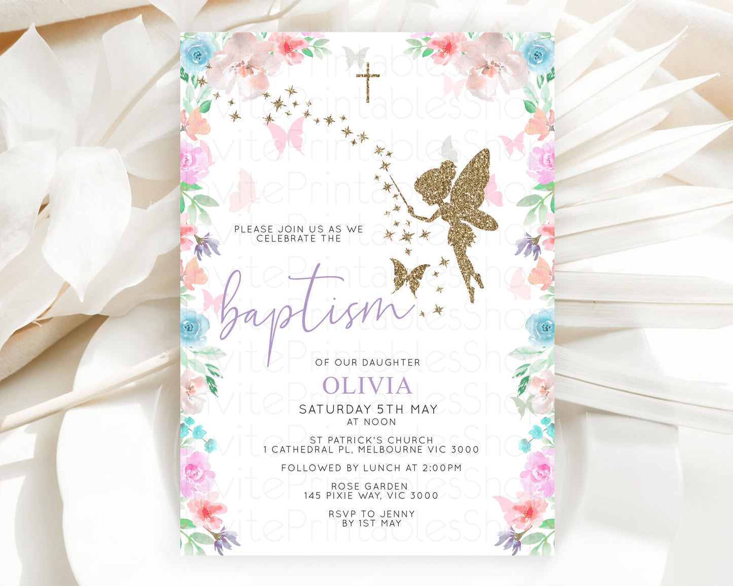 Fairy Baptism Invitation Fairy Baptism 1st Birthday Invitation Enchanted Secret Garden Christening Invite Pastel Floral Butterfly D10126