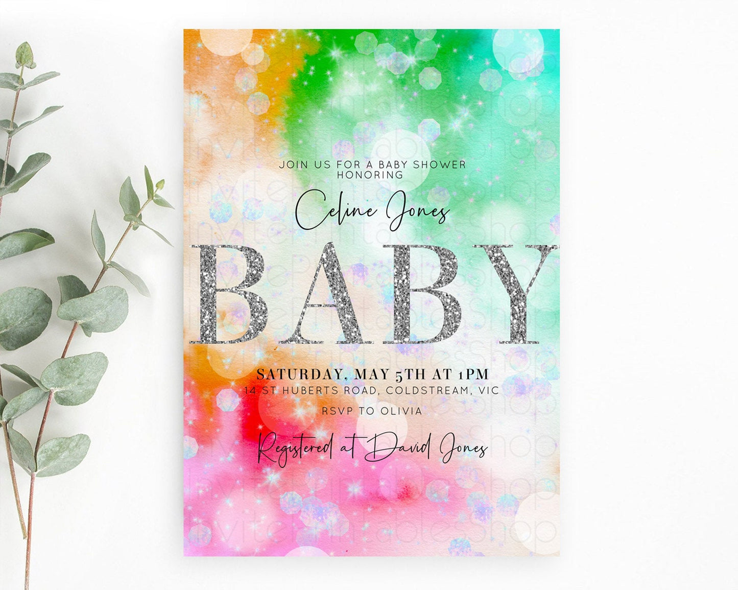 Colorful Baby Shower Invitation: Pastel Watercolor, Ombre Rainbow, Green, Orange, Blue, Red Pink, Silver Glitter, Iridescent Confetti D10691