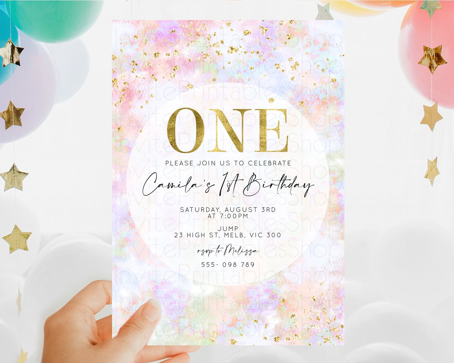 Rainbow Birthday Invitation Colorful Pastel Watercolor Invitation Gold Glitter Sprinkles Ombre Pastel 1st 2nd 3rd Birthday D10649