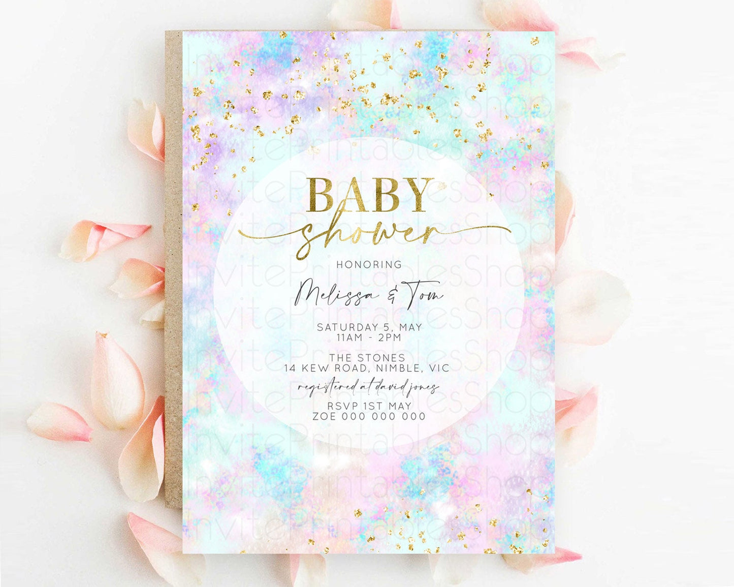 Pastel Baby Shower Invitation Rainbow Baby Shower Invitation Colorful Pastel Watercolor Invitation Gold Glitter Sprinkles Ombre D10652