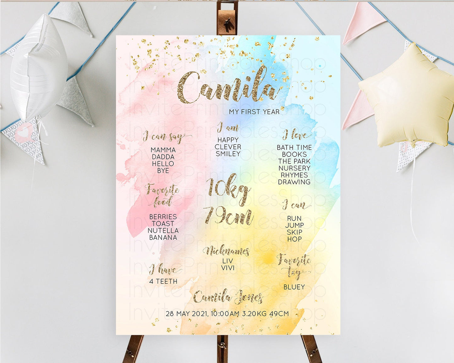Pastel First Birthday Milestone Board Pastel Rainbow Milestone Poster Colorful Confetti Watercolor Glitter 1st Birthday Welcome Sign D10556