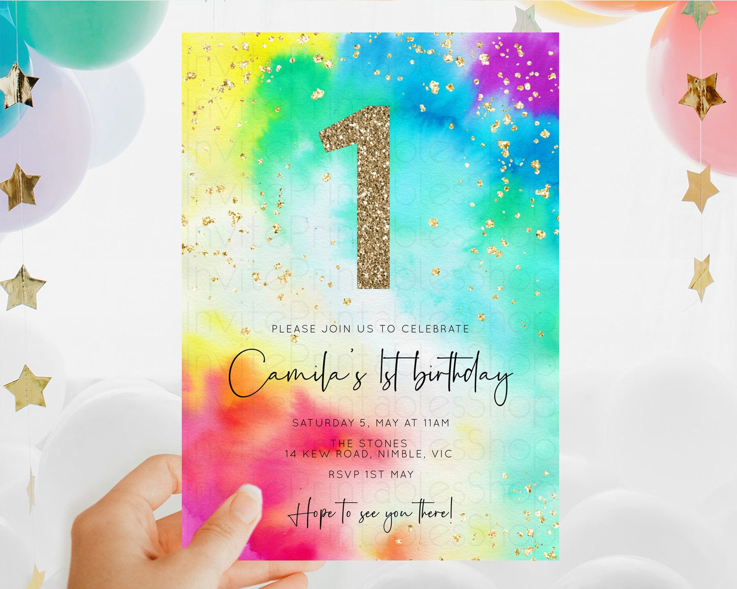 Tie Dye Invitation Rainbow Birthday Invitation Pastel Invitation Colorful Invitation Pastel Rainbow Party 3rd 2nd 1st First Birthday D10462