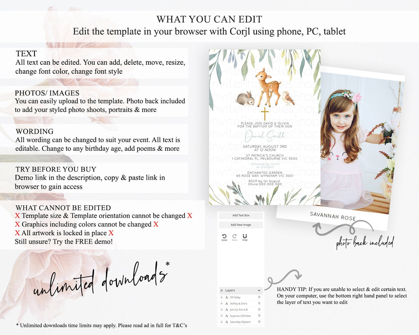 Fawn Baptism Invitation Deer Baptism 1st Birthday Invitation Enchanted Forest Christening Invitation Pastel Garden Butterfly Floral D10919