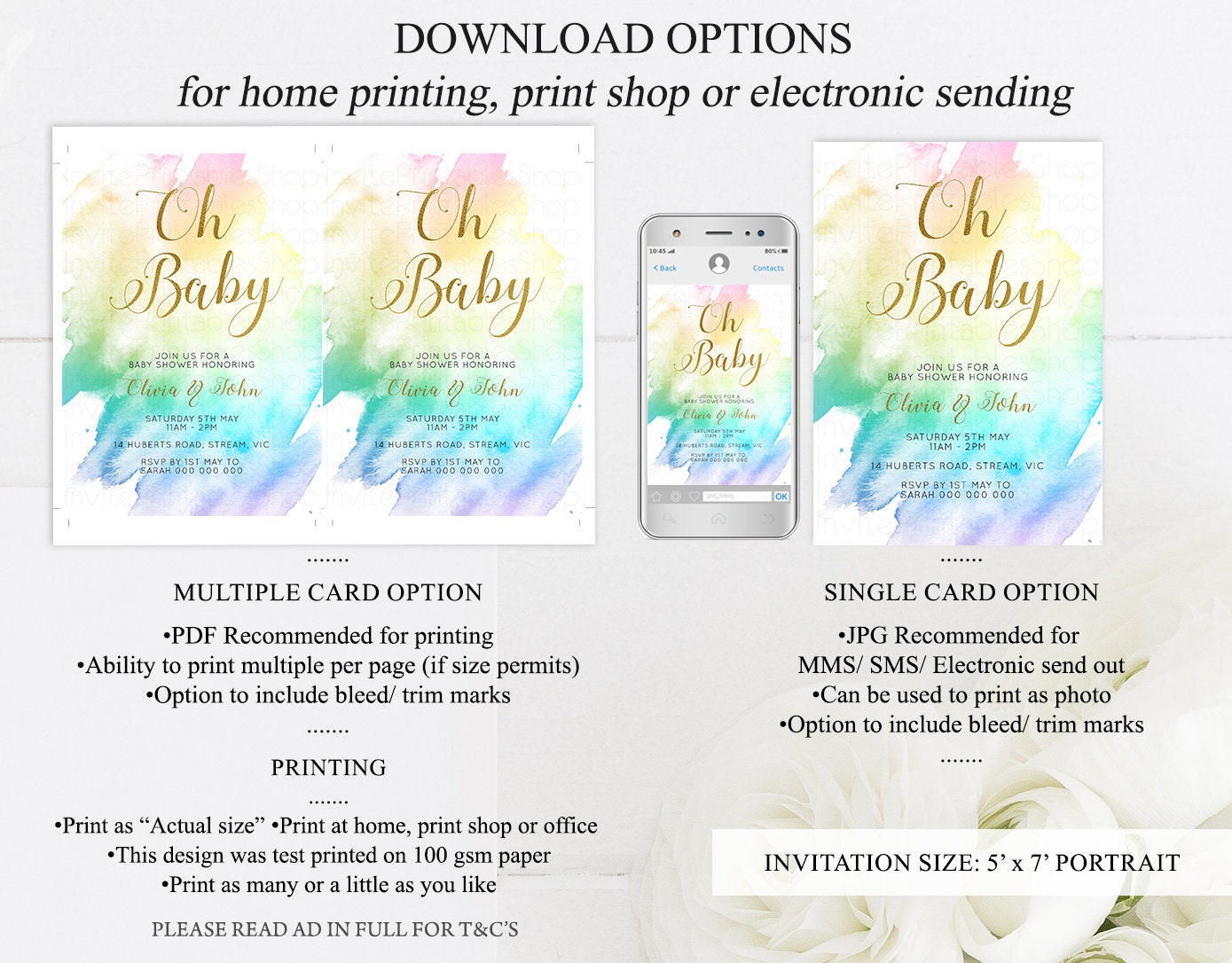 Rainbow Baby Shower Invitation Soft Pastel Watercolor Colorful Splash Blue Pink Purple Yellow Gold Foil Splatter Editable Template D11028