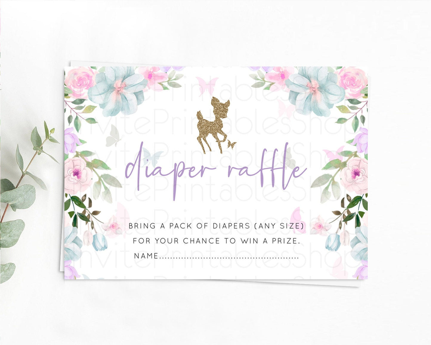 Fawn Diaper Raffle Card Deer Diaper Insert Floral Deer Diaper Ticket Enchanted Forest Butterfly Pastel Baby Shower Raffle Game D10476