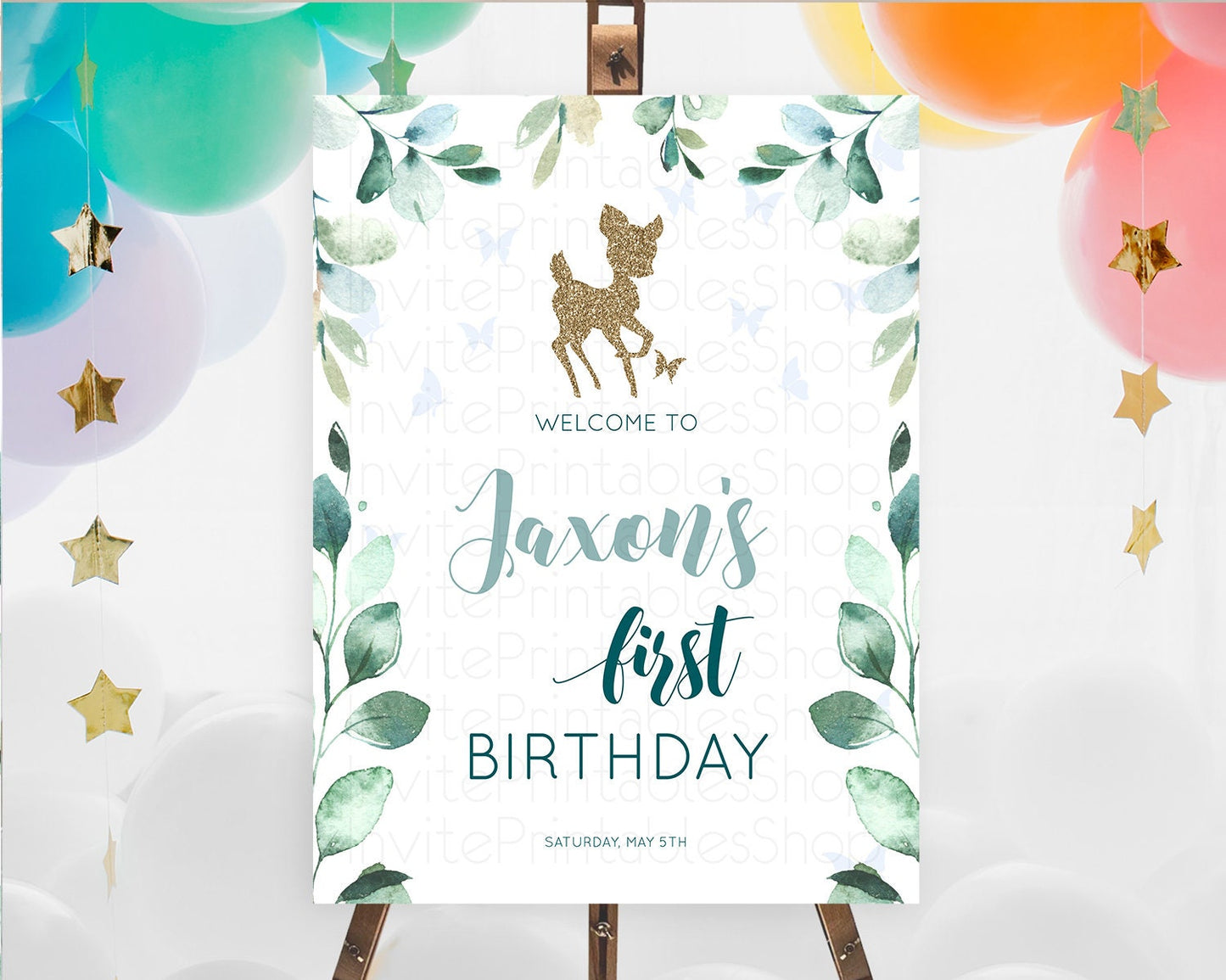 Fawn Welcome Sign Deer Welcome Board Floral Deer Welcome Poster Enchanted Forest Butterfly Pastel Floral First Birthday Welcome Sign D10882