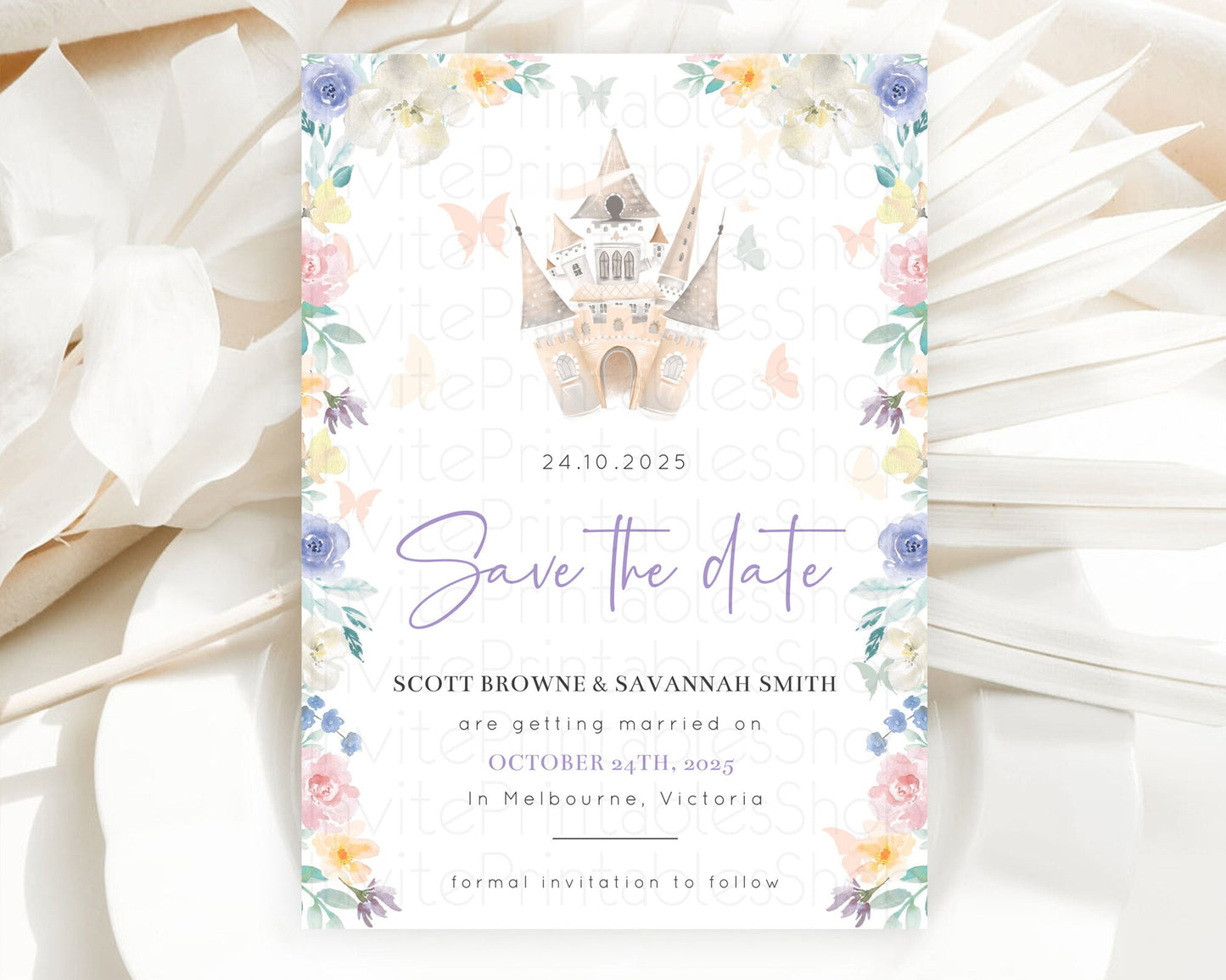 Princess Save The Date Template Secret Garden Enchanted Castle Pastel Floral Royal Party For 1st Birthday Baptism Baby Shower D10709