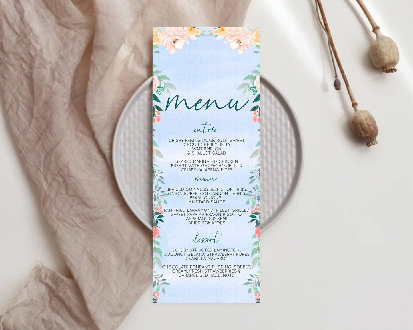 Secret Garden Menu Wildflower Menu Template Pastel Flower Garden Table Decor Boho Floral Dinner Dessert Floral Party Food Menu D10337