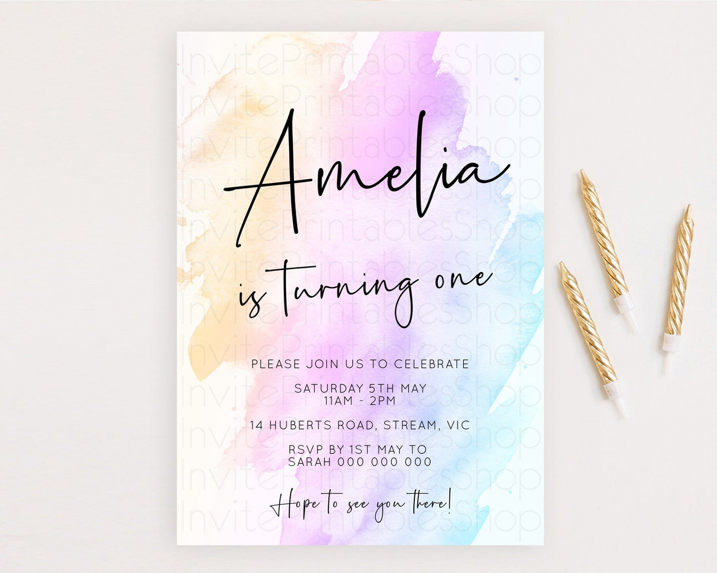 Rainbow Birthday Invitation Colorful Pastel Watercolor Invitation Gold Glitter Sprinkles Ombre Pastel 1st 2nd 3rd Birthday D10177