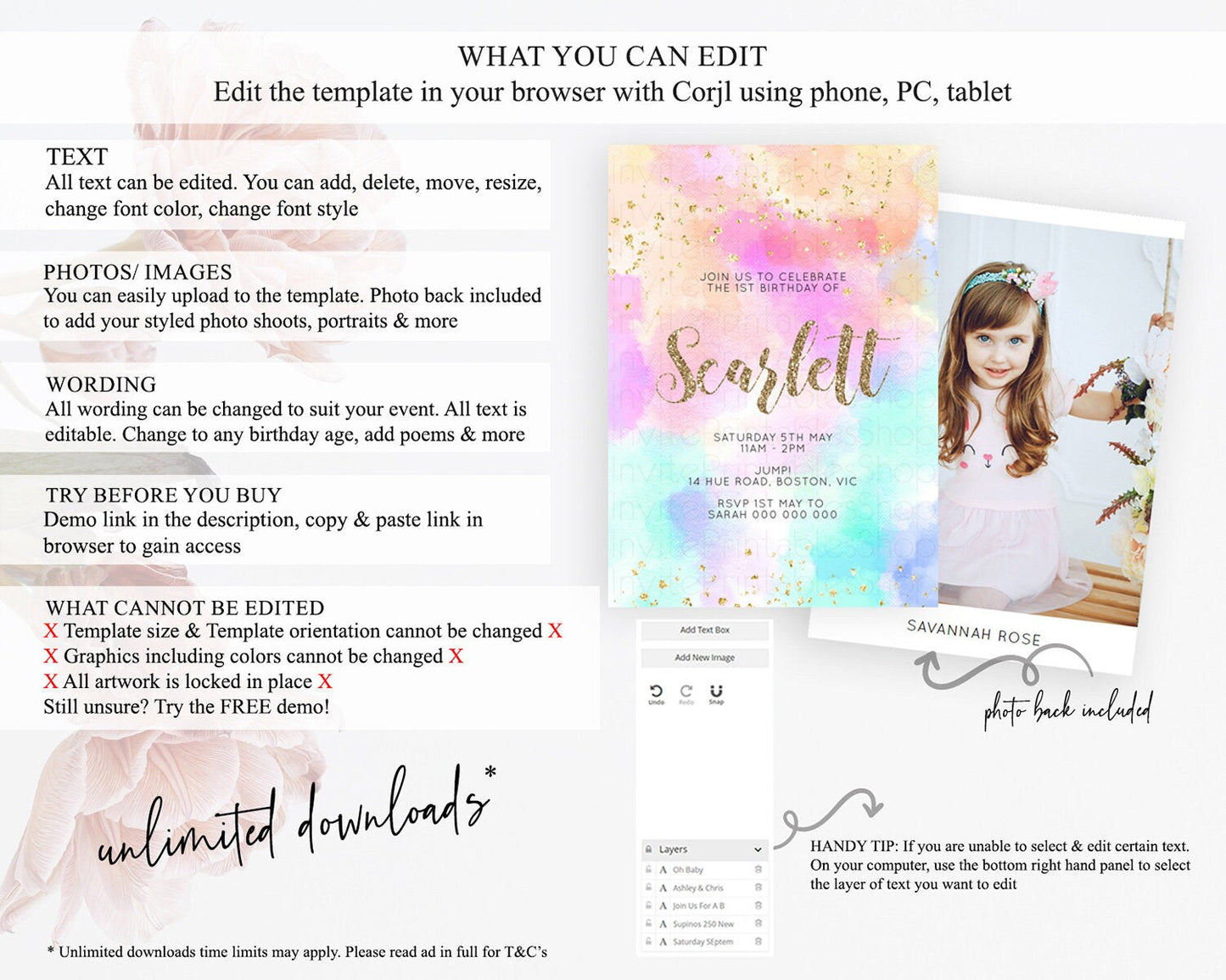 Rainbow Birthday Invitation Colorful Pastel Watercolor Invitation Gold Glitter Sprinkles Ombre Pastel 1st 2nd 3rd Birthday D10669