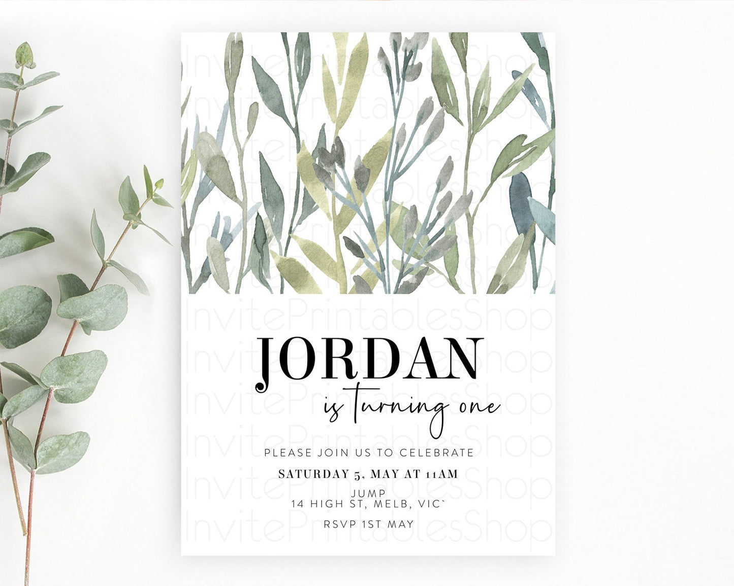 Leafy Birthday Invitation Leafy Invitation Simple Greenery Invitation Eucalyptus Fern Spray Leaves Minimal Green Leaf Watercolour D11060