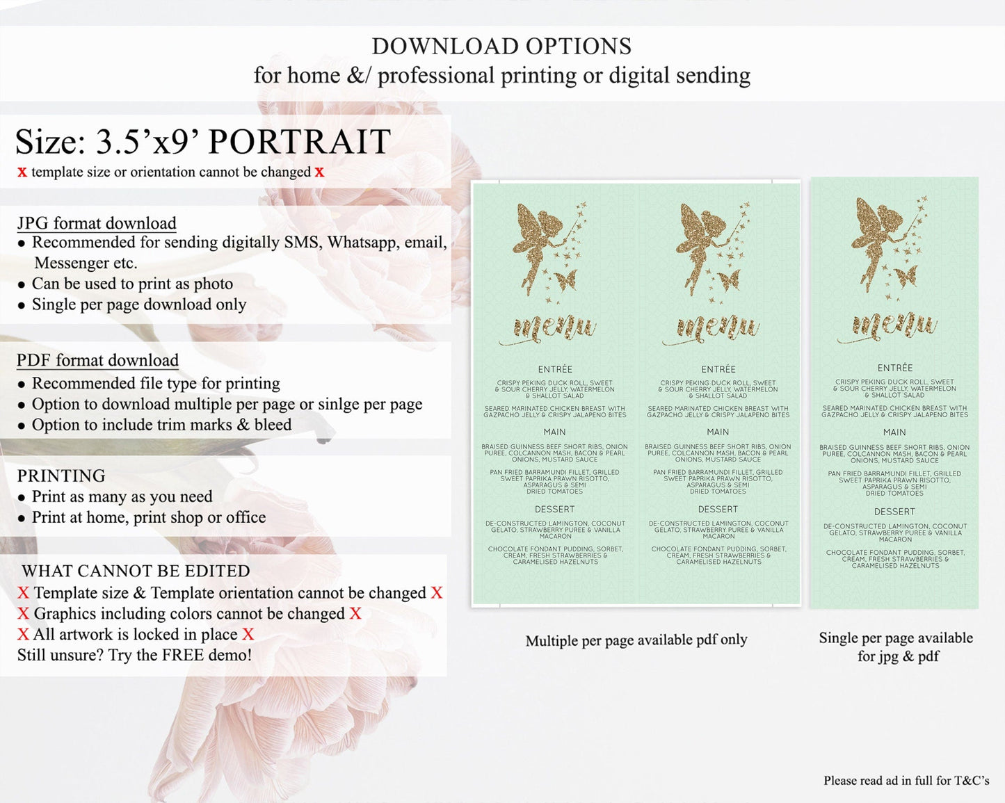 Fairy Menu Fairy Menu Template Enchanted Garden Pastel Floral Butterfly Table Decor Fairy Secret Garden Dinner Dessert Food Menu D10908