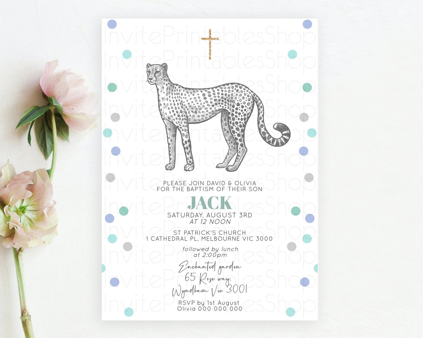 Cheetah Baptism Invitation Cheetah Baptism 1st Birthday Invitation Cheetah Safari Adventure Christening Party Palm Leaf Zoo Cheetah D10857