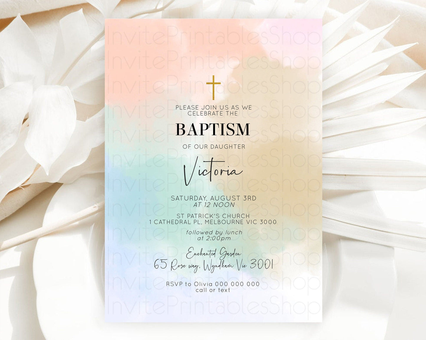 Pastel Baptism Invitation Pastel Colors Watercolor Baptism 1st Birthday Party Gold Ombre Pastel Rainbow Christening Holy Communion D10370