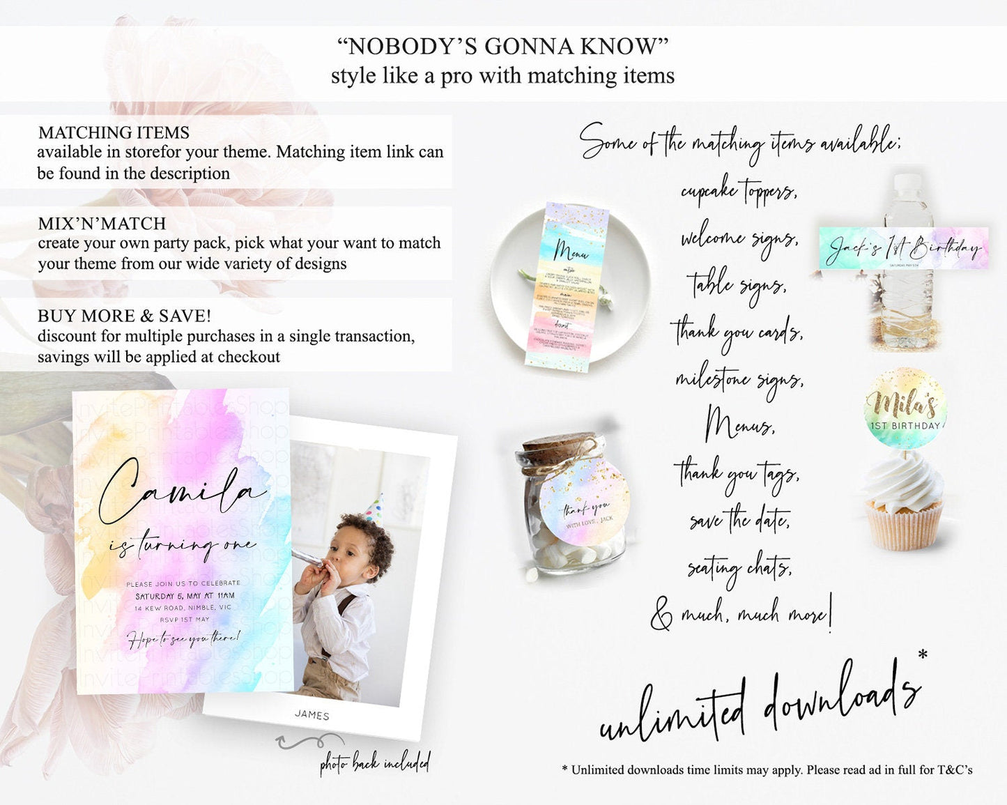 Rainbow Birthday Invitation Colorful Pastel Watercolor Invitation Gold Glitter Sprinkles Ombre Pastel 1st 2nd 3rd Birthday D10175