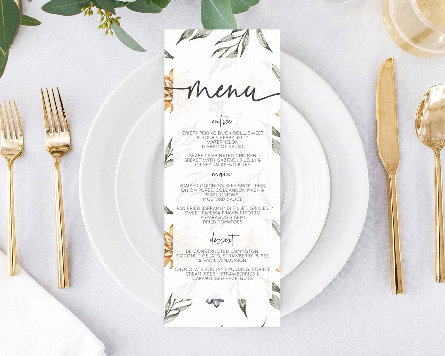 Leafy Menu Green Leaf Menu Template Eucalyptus Fern Leaves Decor Watercolor Boho Garden Leaf Branch Dinner Dessert Party Food Menu D10544