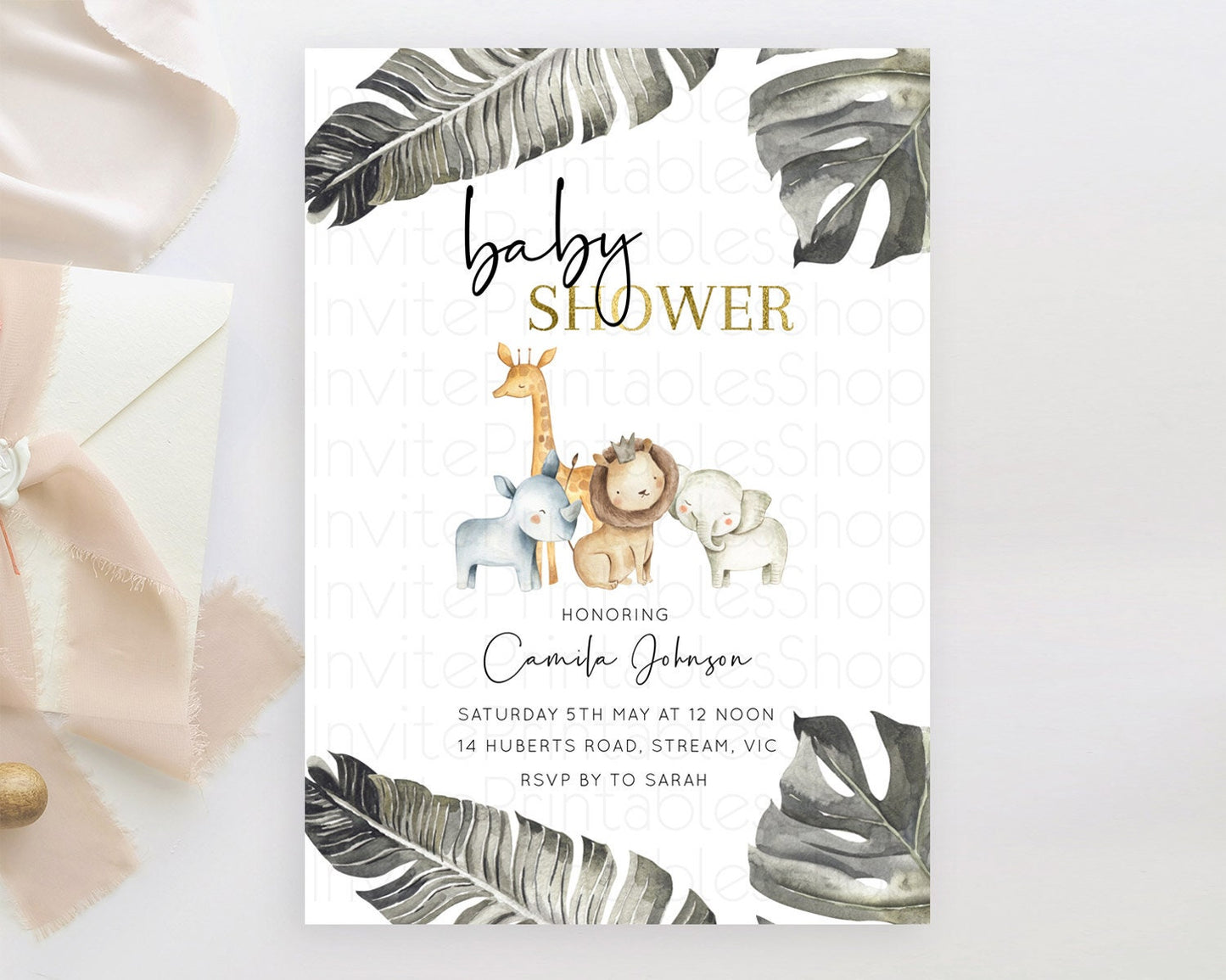 Safari Baby Shower Invitation Baby Lion Gorilla Elephant Rhino Invitation Tropical Palm Jungle Safari Adventure Baby Animals D10599