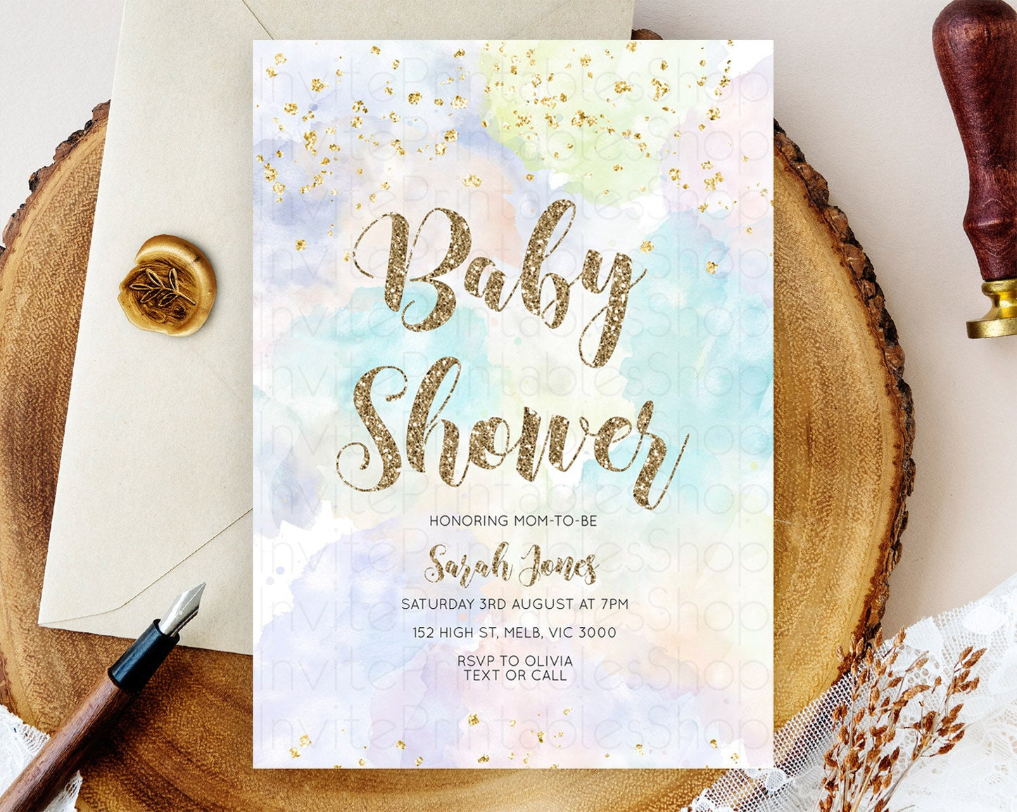 Pastel Baby Shower Invitation Rainbow Baby Shower Invitation Colorful Pastel Watercolor Invitation Gold Glitter Sprinkles Ombre D10614